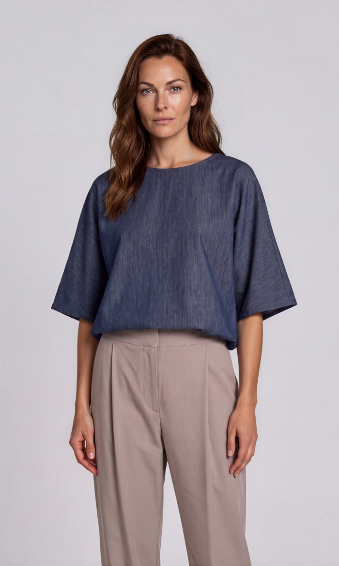 Damen Bluse Fledermausärmel Jeansoptik