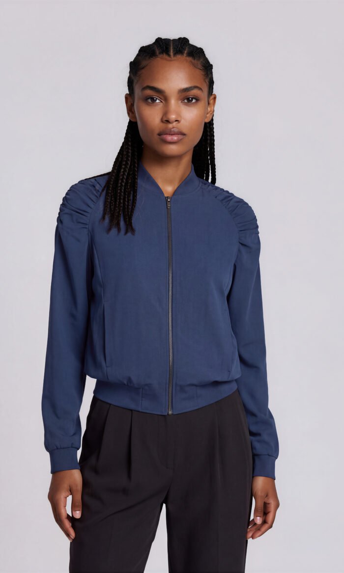 Damen Bomberjacke mit Rüschen Graublau