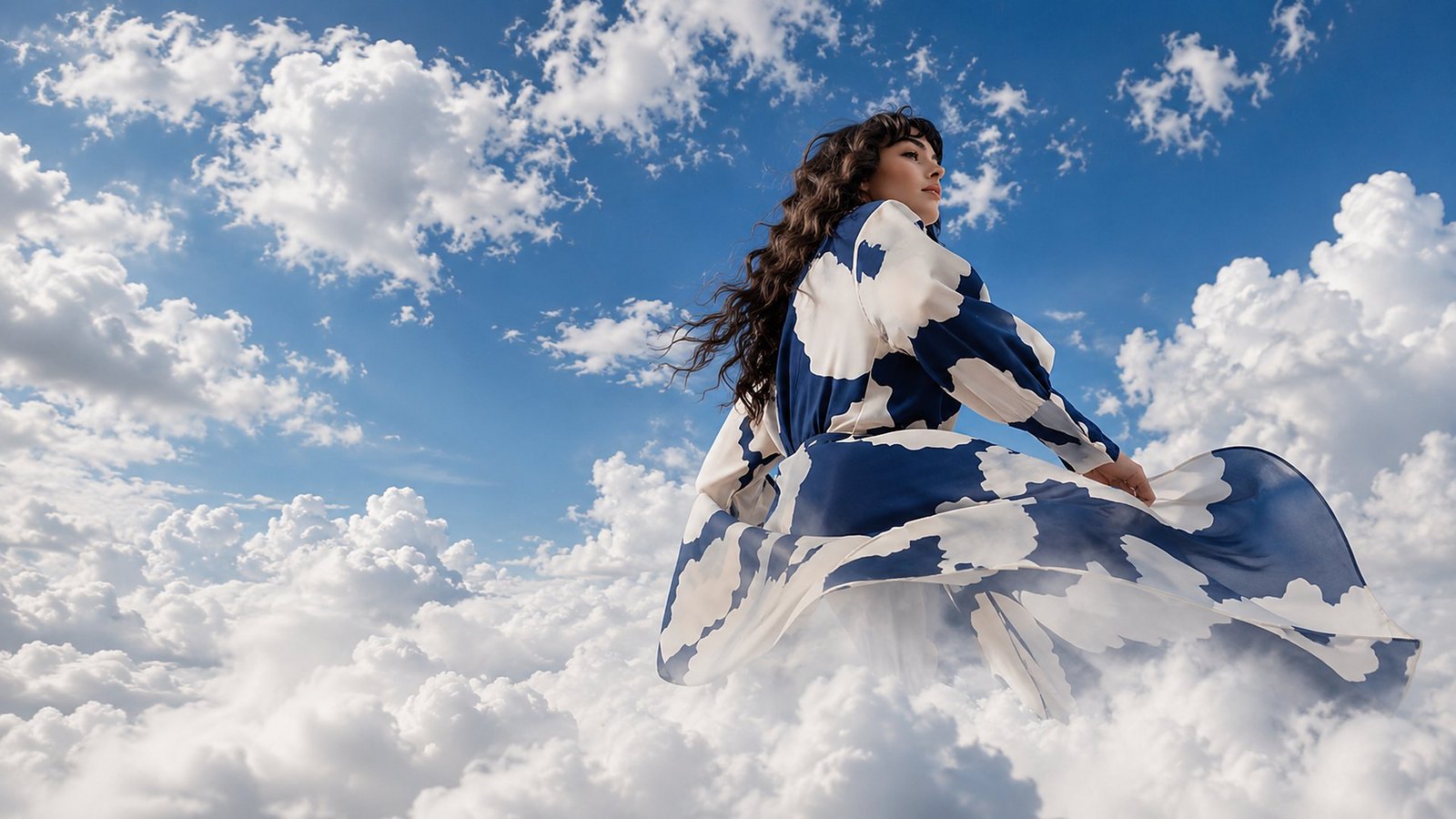 Modell im Kleid mit Wolkendruck über den Wolken — Kampagne into the sky