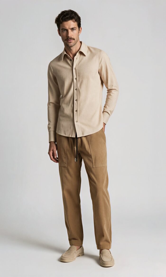Hose Cord Beige-Oliv von Harm Jopp Jerseys — getragen, Modelfoto