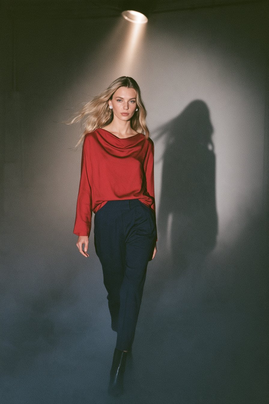 Model in roter Bluse mit Wasserfallausschnitt und dunkler Karottenhose, gehend im Lichtkegel